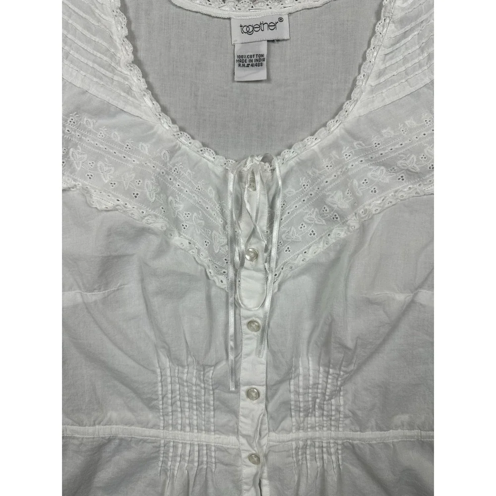 Together Vintage Embroidered Tank Top Large White Floral Boho 90s Dainty Faire